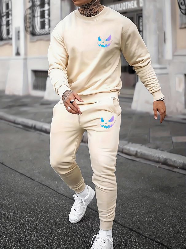 Men's Autumn And Winter Casual Warm Smiling Face Pattern Printed Loose Thick Velvet Round Neck Sports Shirt+sports Pants Set_viptrois.com