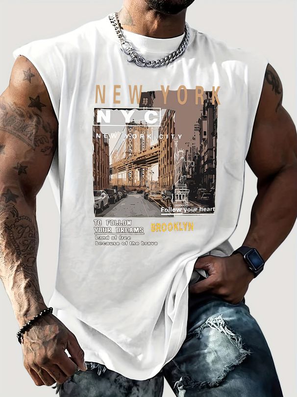 100% Pure Cotton Men's Summer Casual Sports Fitness Loose New York Pattern Printed Breathable Round Neck Sleeveless Vest_viptrois.com