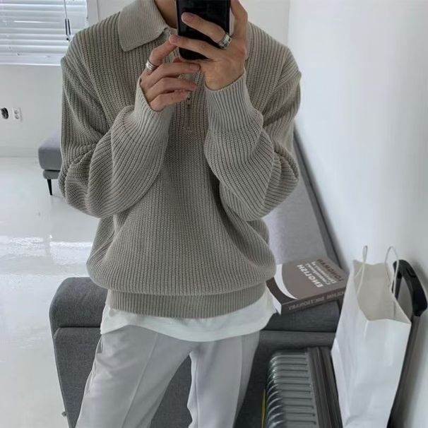 Half Zip Sweater Men's Autumn And Winter High Grade Feel Lazy Style Polo Neck Knit Loose Casual Thread_viptrois.com