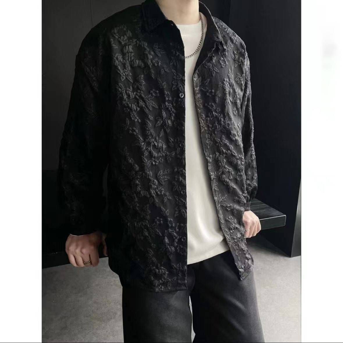 Men's Clothing Retro Swallowtail Three Dimensional Jacquard Versatile Lapel Casual Long Sleeved Shirt Jacket_viptrois.com