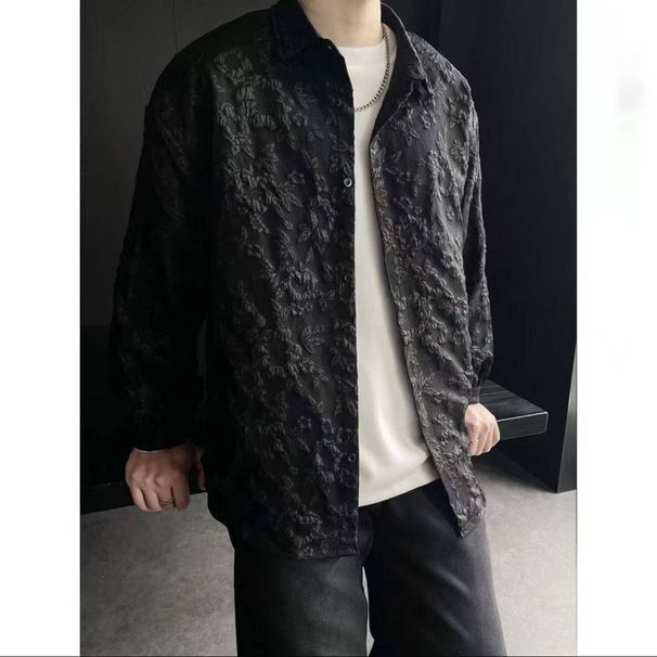 Men's Clothing Retro Swallowtail Three Dimensional Jacquard Versatile Lapel Casual Long Sleeved Shirt Jacket_viptrois.com