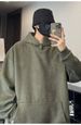 Oversized Suede Fleece Hoodie – Heavyweight Polyester Pullover With Drop Shoulder (M-3XL, Dark Grey/Black/Green)_viptrois.com