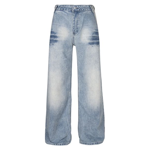 Men's Clothing Four Seasons American Retro Washed Light Color Grinding White Lightning Bamboo Pattern Jeans Straight Mopping Couple_viptrois.com