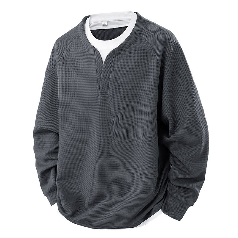 K Color Blocking Fake Two V-neck Waffle Men's Hoodie Casual Versatile Top Jacket_viptrois.com