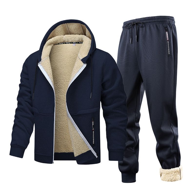 Men’s Fleece Hoodie Set | Winter Sherpa-Lined Zip-Up Jacket & Joggers (Grey/Black/Navy, XS-XXL)_viptrois.com