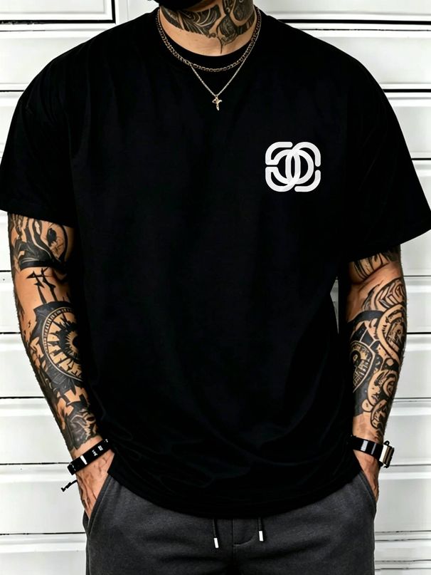 100% Cotton Men Casual T-shirt Interlocking Geometric Pattern Print Crew Neck Short Sleeve Daily Streetwear Top_viptrois.com