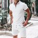 Men's Short Sleeve Shorts Casual Summer Waffle Solid Color Loose Fit Turn-down Collar T-shirt Set_viptrois.com