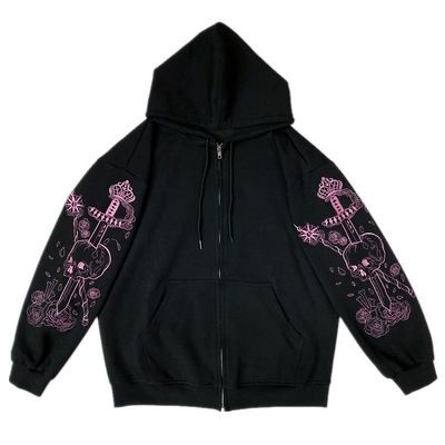 Zipper Korean Style Dark Long Sleeve Plus Size Hooded Sweatshirt Y2K Cute Girl Jacket_viptrois.com