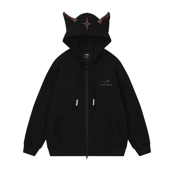 Fox Ear Hooded Jacket Trendy Loose Casual Spring Autumn Men's Double Zipper Cardigan Sweatshirt Sports_viptrois.com