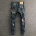 Men's Trendy Slim Fit Jeans Distressed Blue Wash Paint Finish Patchwork Design Slightly Stretchy_viptrois.com