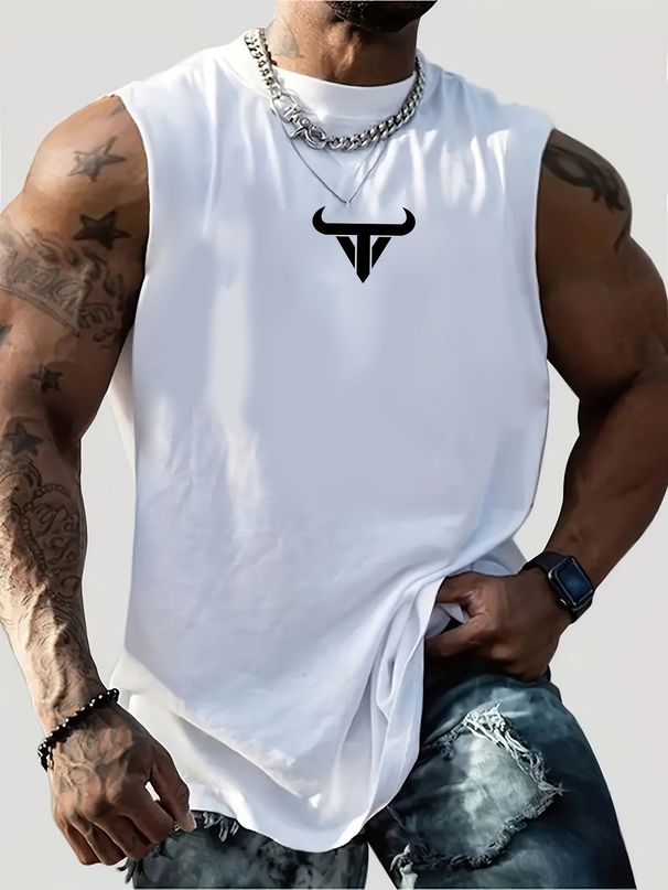 100% Pure Cotton Men's Summer Casual Sports Fitness Loose Cow Head Pattern Printed Breathable Round Neck Sleeveless Vest_viptrois.com