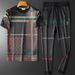 Light Luxury High-end Men's Trendy Plaid Printed Casual Sports Set, Summer Short Sleeved Long Pants Two-piece Set_viptrois.com