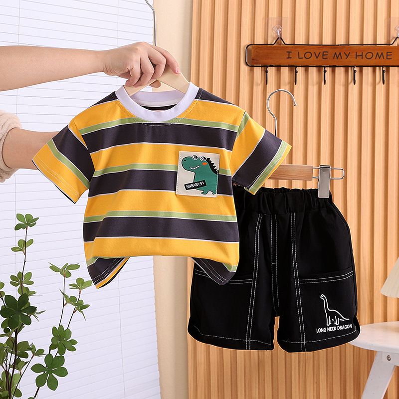 Boys' Short Sleeved 2025 New Baby Striped Shirt Children's Summer Two Piece Set_viptrois.com