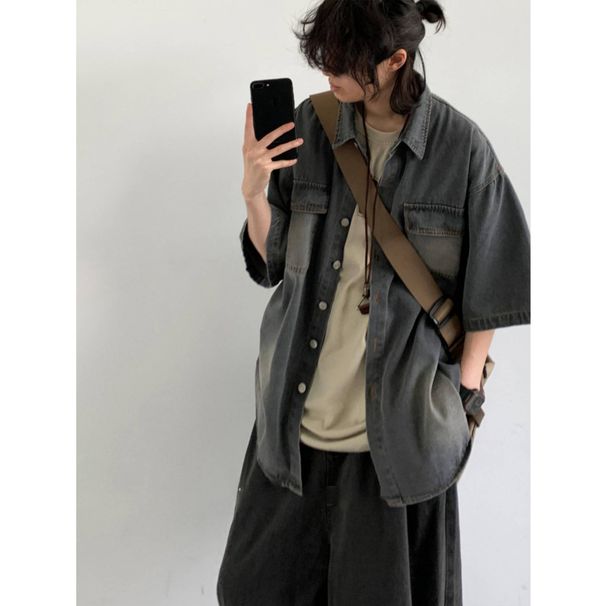 Men's Clothing Summer Washed Distressed Pocket Short Sleeved Denim Shirt Trendy Retro Work Shirt Jacket_viptrois.com