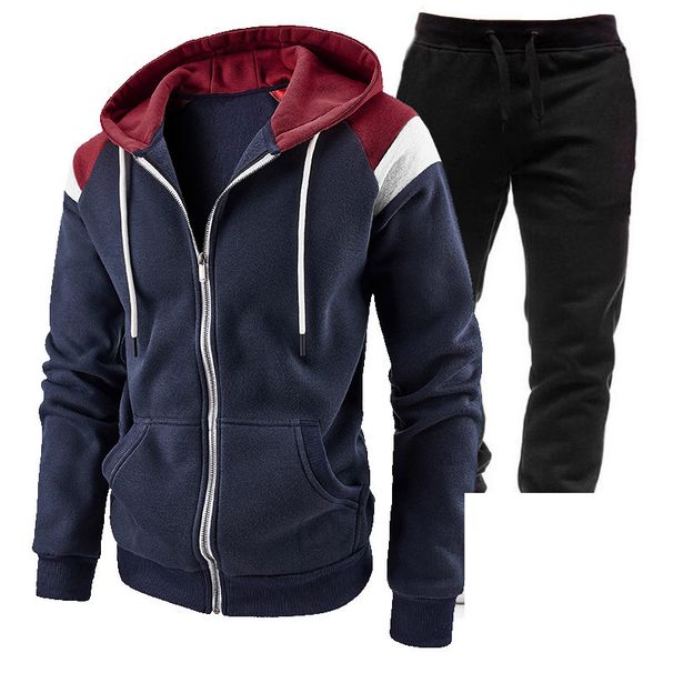Men's Clothing Men's Fashion Trend Zipper Cardigan Hooded Sweater Suit Autumn And Winter Two Piece Splicing Sportswear_viptrois.com