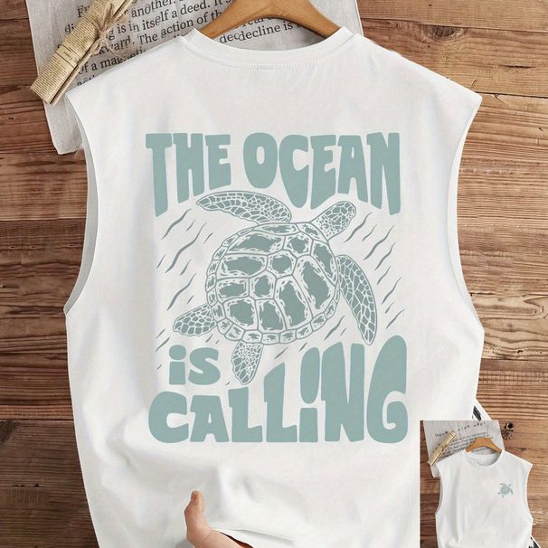 100% Pure Cotton Men's Summer Leisure Sports Fitness Loose Beach Turtle Pattern Printed Breathable Round Neck Sleeveless Vest_viptrois.com