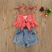 Baby Clothing Stylish girl suit Halter plaid ruffled tank top + denim shorts suit_viptrois.com