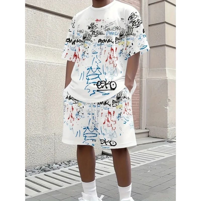 Men's 3D Digital Print T-Shirt & Shorts Set With Summer Gradient Letter Pattern, Trendy Two-Piece Outfit_viptrois.com