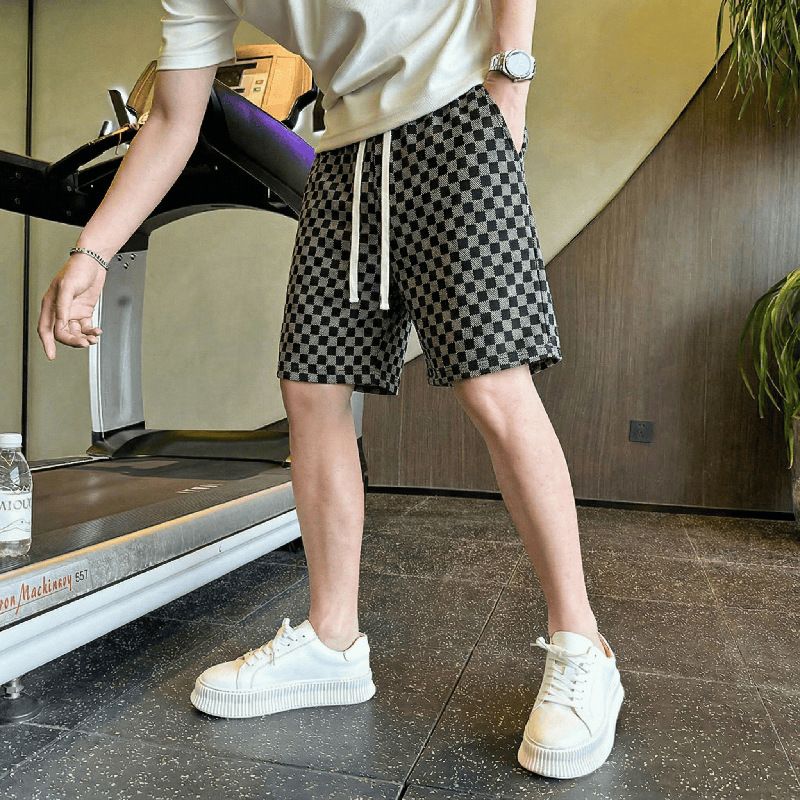 Men's Houndstooth Shorts Casual Loose Sports Five Point Mid Length Trendy Summer Thin Pants_viptrois.com