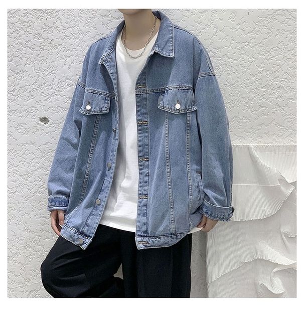 Pulse Men's Loose Denim Jacket Spring Autumn New Korean Style Simple Solid Color Trendy Casual Turn-Down Collar Cardigan Top_viptrois.com