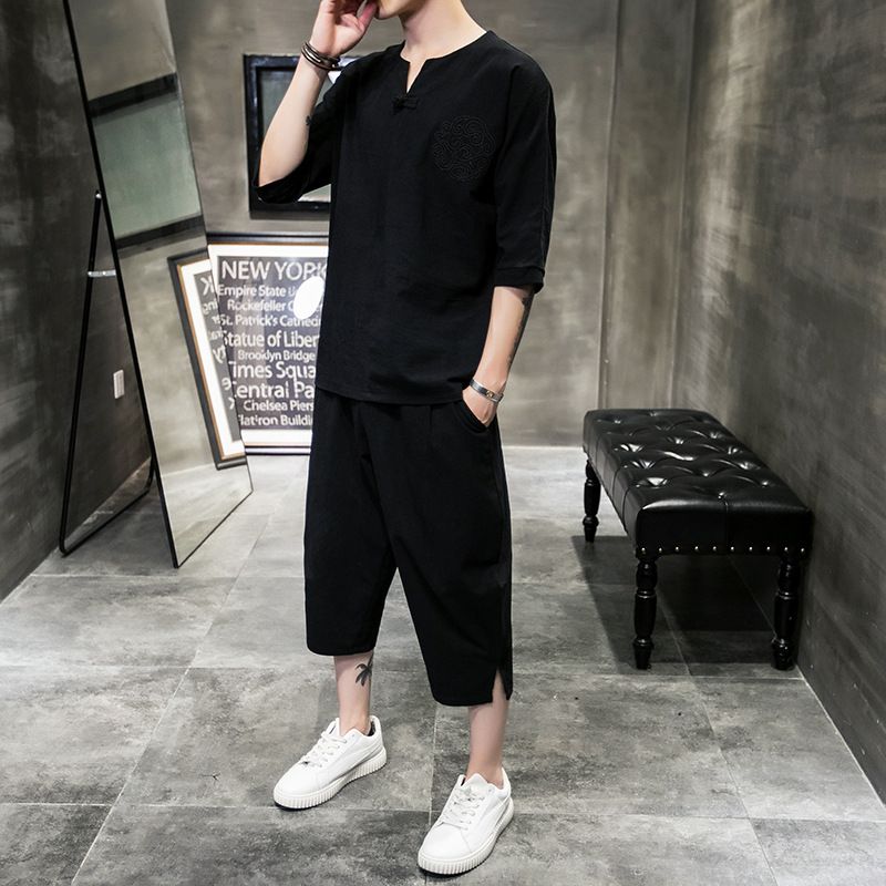 Men's Clothing Men's Cotton And Linen Embroidery Buttoned Large Size Cropped Pants Short Sleeved Suit Summer Linen Set_viptrois.com