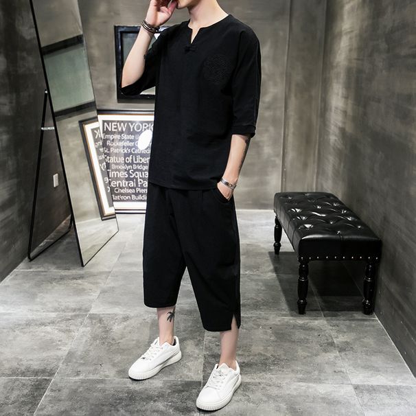 Men's Clothing Men's Cotton And Linen Embroidery Buttoned Large Size Cropped Pants Short Sleeved Suit Summer Linen Set_viptrois.com