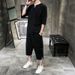 Men's Clothing Men's Cotton And Linen Embroidery Buttoned Large Size Cropped Pants Short Sleeved Suit Summer Linen Set_viptrois.com