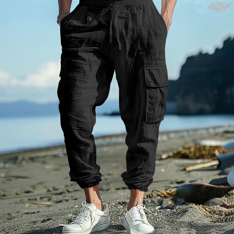 Men's Clothing Solid Color Overalls Linen Breathable Sports Pants Summer Fashion_viptrois.com