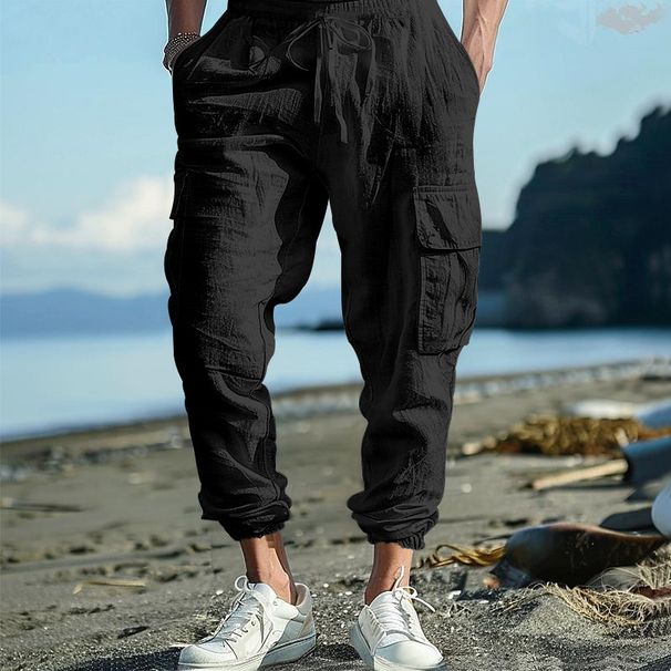 Men's Clothing Solid Color Overalls Linen Breathable Sports Pants Summer Fashion_viptrois.com
