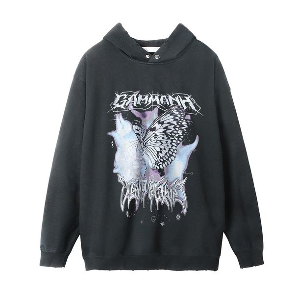 Creative Butterfly Print Washed Vintage Hoodie Men's American High Street Hip Hop Niche Loose Casual Long Sleeve_viptrois.com