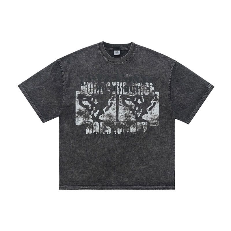 American Style Washed Vintage Printed Cotton Short Sleeve T-Shirt Unisex Street Loose Trendy Brand Couple_viptrois.com