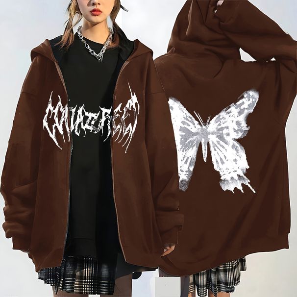 High Street Gothic Butterfly Print Hooded Cardigan Sweatshirt Men's Fashion Loose Hip Hop Jacket_viptrois.com