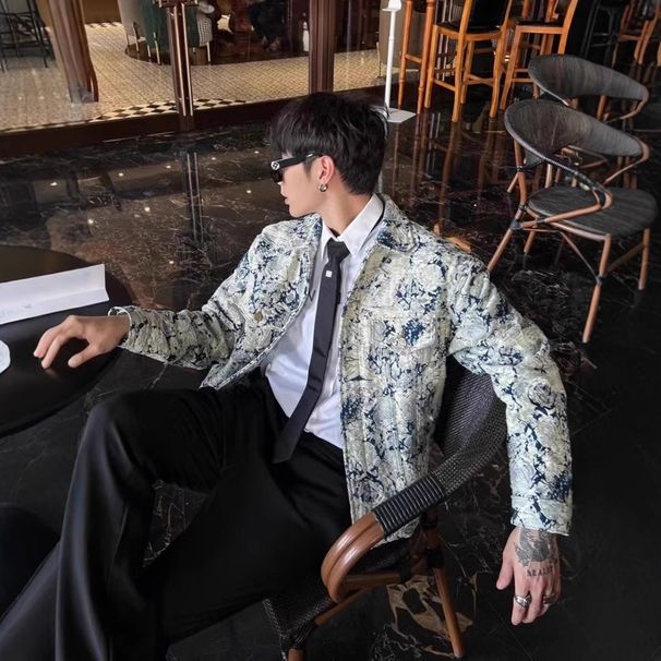 2025 Trendy Brand Fashion New Product Padded Shoulder Loose Waist Elastic Design Denim Jacket For Men_viptrois.com