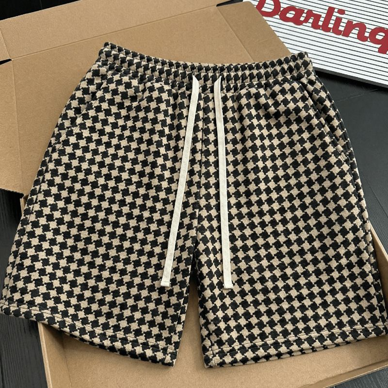 Unisex Summer Houndstooth Print Shorts Lightweight Retro High Street Fashion 5-Inch Inseam Casual Shorts_viptrois.com