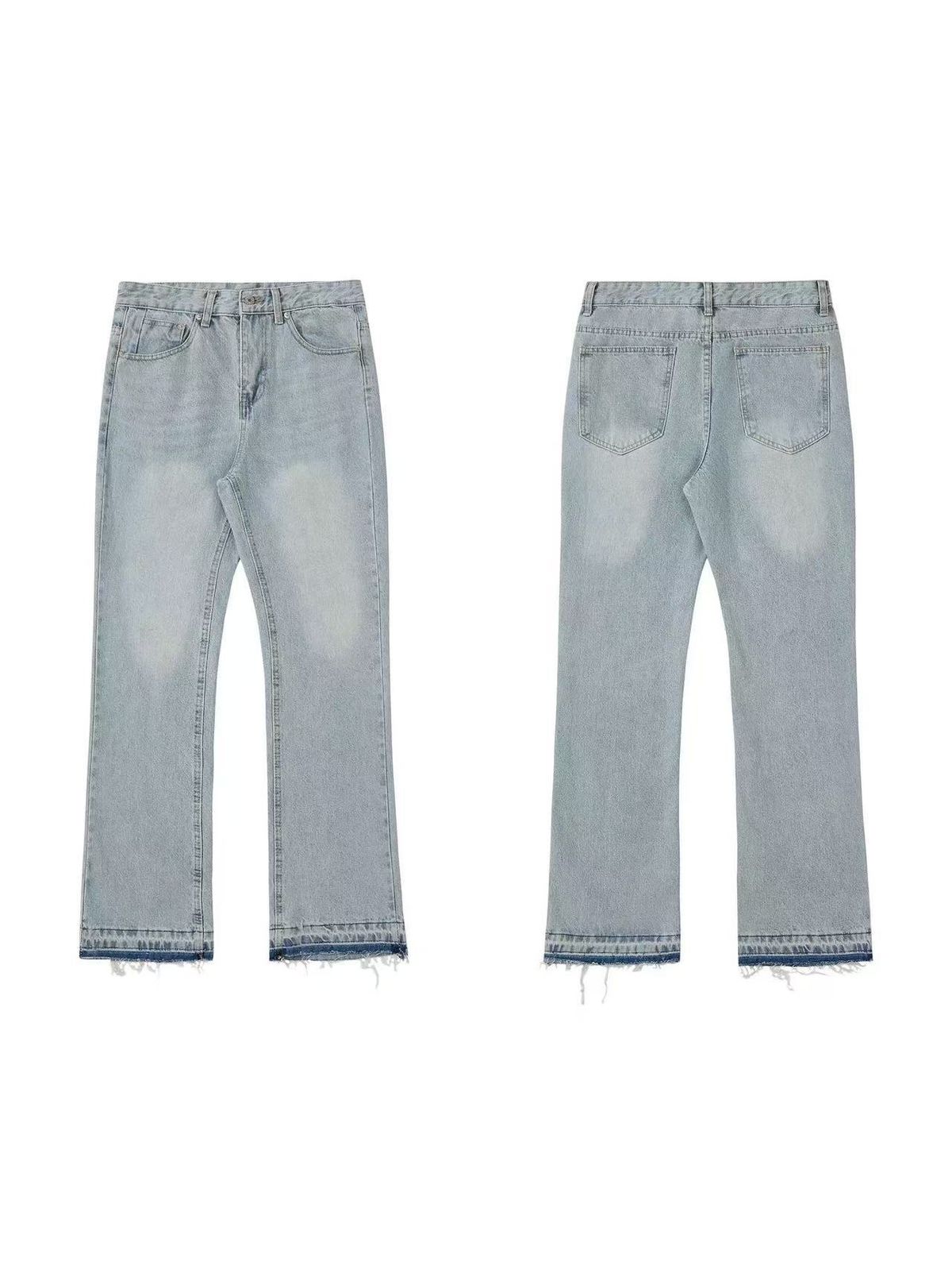 Men's Distressed Hem Flared Jeans | Vintage Grey Washed Denim High Street Aesthetic | 70s Retro Wide Leg Pants | Raw Edge Fringe Detail_viptrois.com