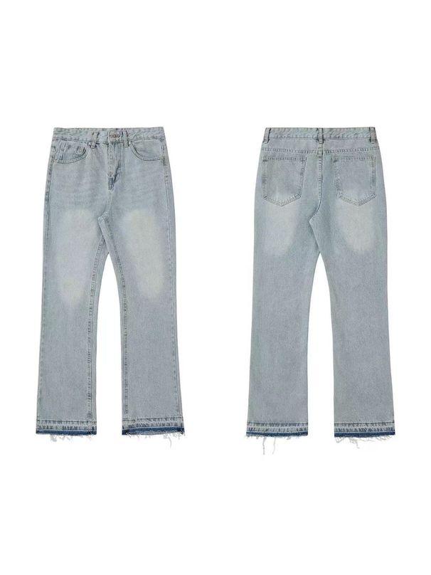 Men's Distressed Hem Flared Jeans | Vintage Grey Washed Denim High Street Aesthetic | 70s Retro Wide Leg Pants | Raw Edge Fringe Detail_viptrois.com