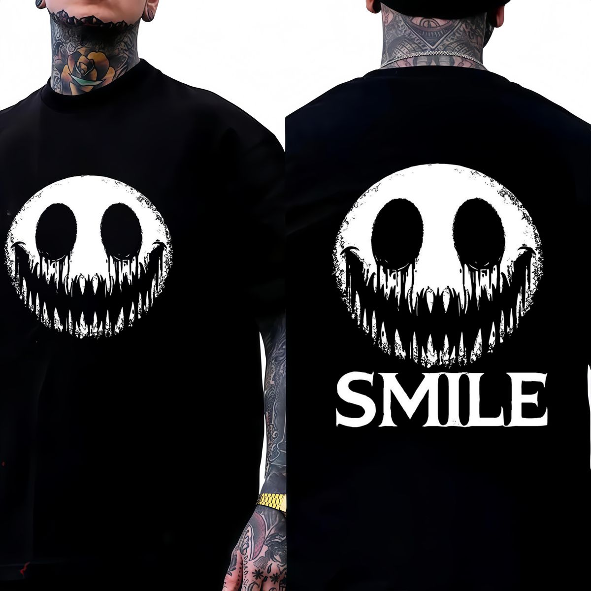 Camiseta Edición Limitada Halloween Con Cara Sonriente Oscura SMILE, Impresión Letras Grandes, Ropa De Pareja, Camiseta_viptrois.com