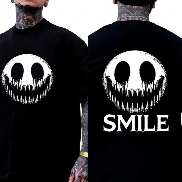 Camiseta Edición Limitada Halloween Con Cara Sonriente Oscura SMILE, Impresión Letras Grandes, Ropa De Pareja, Camiseta_viptrois.com