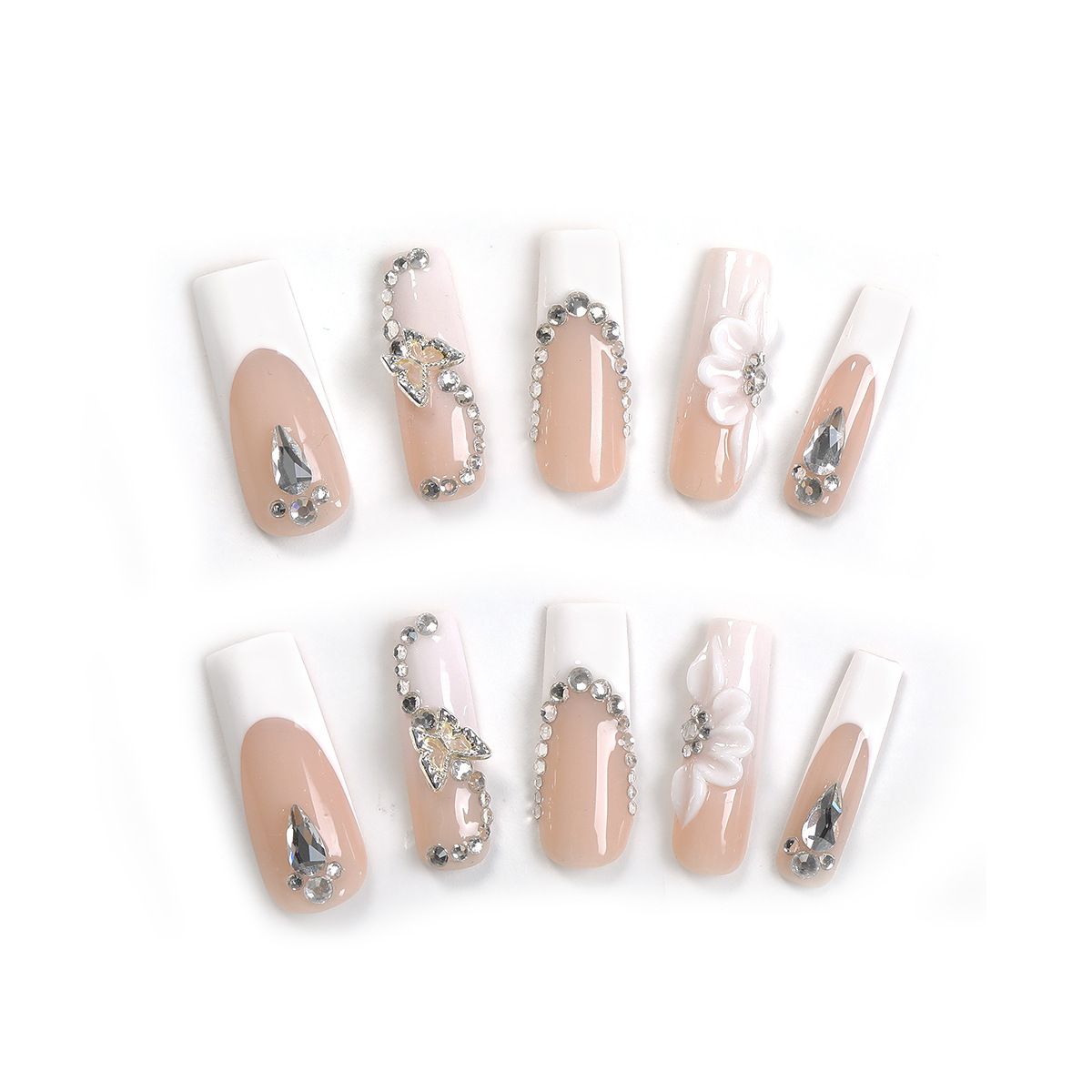 French Temperament Diamond Hand Made Nails With Flowers And Butterflies Long Hand Made Nails High Quality Goods_viptrois.com