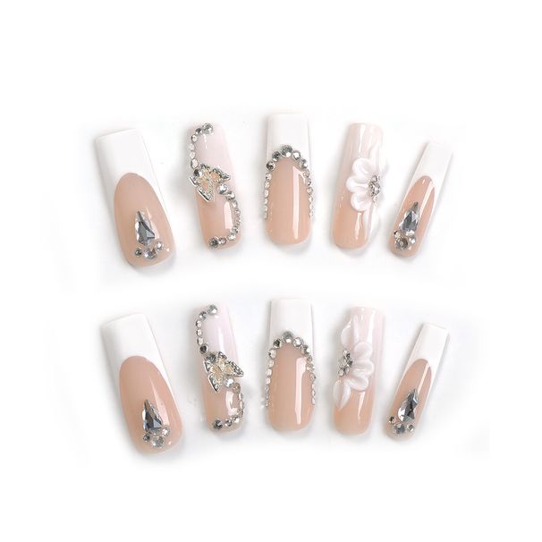 French Temperament Diamond Hand Made Nails With Flowers And Butterflies Long Hand Made Nails High Quality Goods_viptrois.com