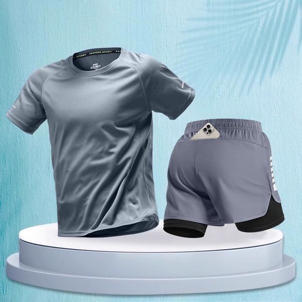 Mens Fitness Tracksuit Ice Silk Quick Dry Short Sleeve T Shirt Marathon Training Shorts Running Sports Set_viptrois.com