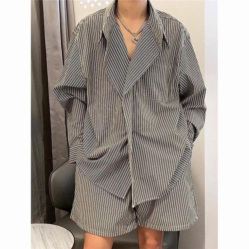 Summer Short Sleeve Striped Men Trendy Brand Design Sense Niche Cool Shirt Shorts Two-Piece Matching Set_viptrois.com