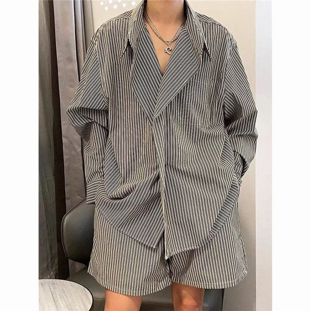 Summer Short Sleeve Striped Men Trendy Brand Design Sense Niche Cool Shirt Shorts Two-Piece Matching Set_viptrois.com