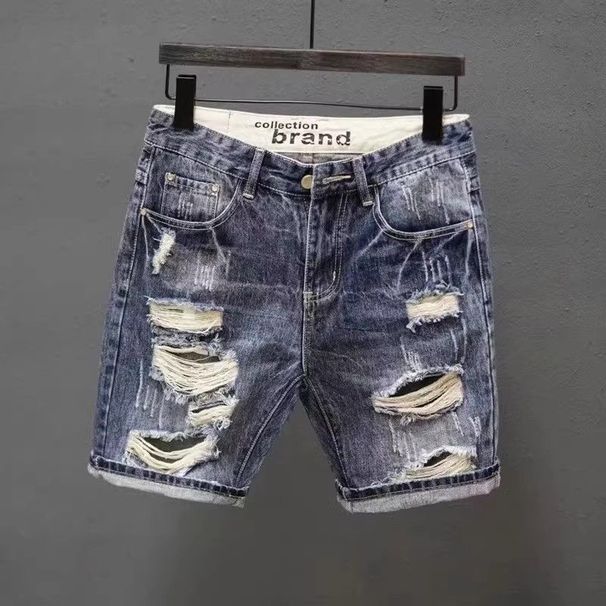 Men's Slim Fit Stretchy Denim Shorts Summer Trendy Ripped Patch mid Length Casual Versatile Five Point Online Popular_viptrois.com