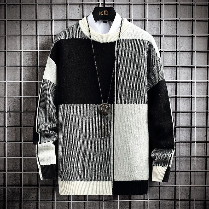 Men's Clothing Autumn And Winter Contrast Color Round Neck Sweater Loose Youth Fashion Pullover Sweater_viptrois.com