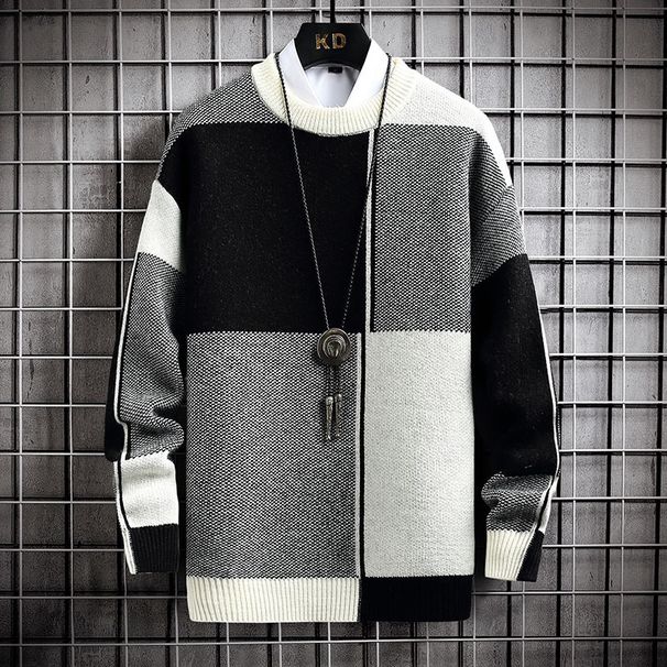 Men's Clothing Autumn And Winter Contrast Color Round Neck Sweater Loose Youth Fashion Pullover Sweater_viptrois.com