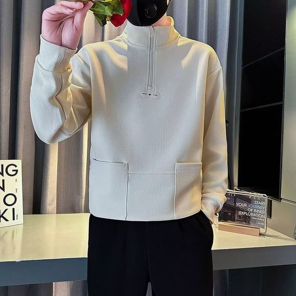 Handsome Stand Up Collar Sweatshirt For Men, Trendy Half Zip Top, Men's Inner Layer Bottom Shirt_viptrois.com