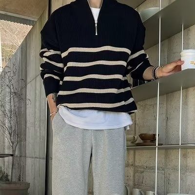 Half height zipper collar sweater for men, spring and autumn striped knitted base sweater, casual knitted thread jacket, top_viptrois.com