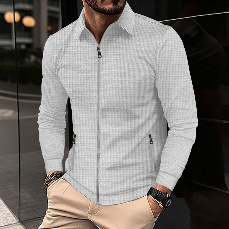 Men's Clothing Men's Waffle Knit Zip-Up Jacket With Stand Collar - High Street Casual Autumn Coat For Men_viptrois.com