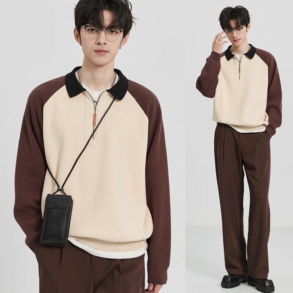 Men's Clothing Autumn And Winter New Lapel Sweater For Men Couple Contrast Color Half Zipper Polo Pullover Business Sweater Jacket_viptrois.com